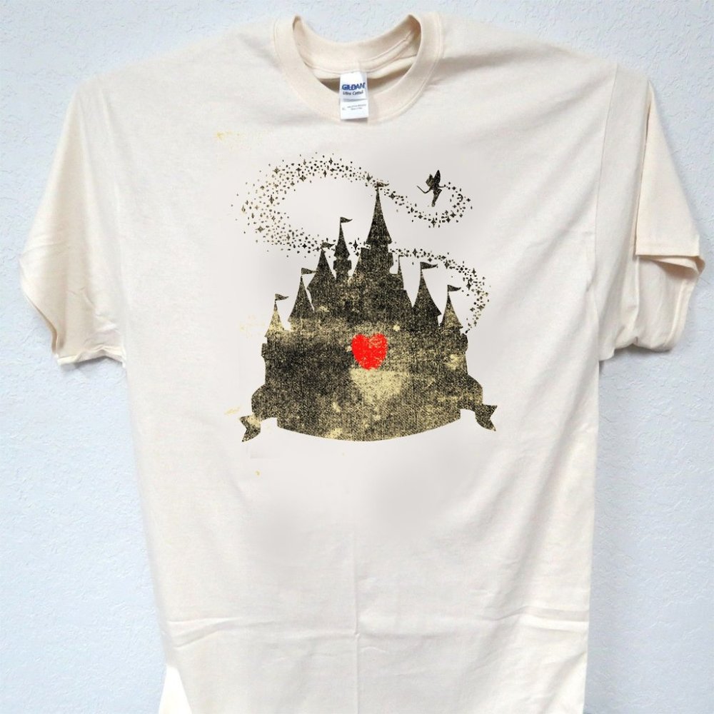 CINDERELL'S CASTLE, DISNEY WORLD, TINKERBELL, MENS IVORY T-SHIRT T-264